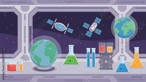 Space laboratory with globe and satellite view of Earth and spacecraft