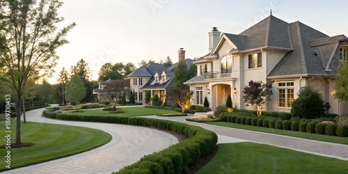 Luxury House with Curved Driveway and Well-Manicured Lawn at Sunset