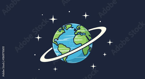 Stylized illustration of earth with ring surrounded by stars in space with vector and planet and cosmos and galaxy and astronomy and blue and green