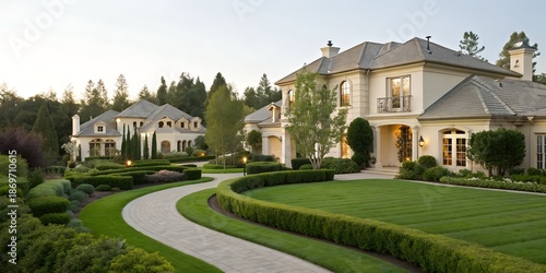 Luxury Modern Mansion with Well-Manicured Lawn and Curved Driveway