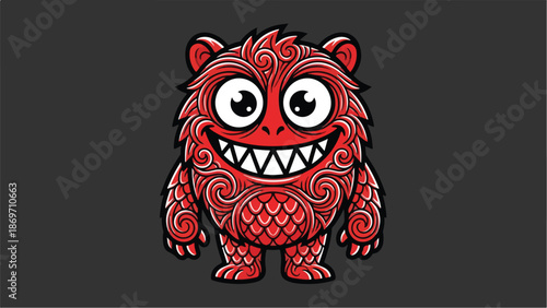 Cute red monster with big eyes and a wide smile.