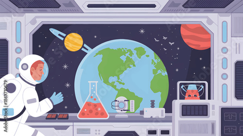 Astronaut in space station laboratory with earth view planet desig