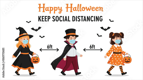 Kids Trick or Treating on Halloween with Costumes and Candy Bags – Social Distancing Covid Vector Illustration 