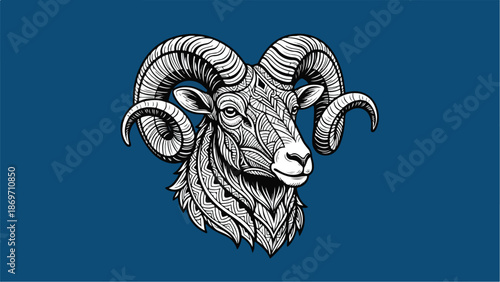 Detailed artistic illustration of a rams head with intricate patterns.