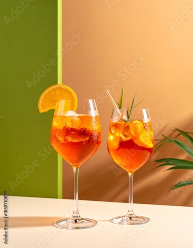 Two glasses of Aperol Spritz on a minimalist summer-themed background. Refreshing cocktail with ice cubes, orange slices, and a garnish of rosemary, perfect for a bar or restaurant setting.
