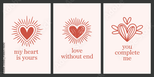 Romantic quote posters with hand drawn heart illustrations isolated on transparent background