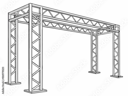Detailed 3D rendering of a metal structure with truss system, emphasizing support and design, perfect for engineering projects.