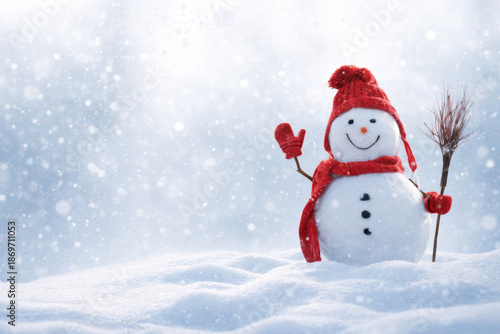 Smiling snowman in winter landscape with falling snow, festive seasonal background
