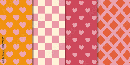 Collection of four retro heart and geometric seamless patterns isolated on transparent background
