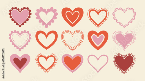 A beautiful collection of decorative hearts in various shades of pink and red with unique borders