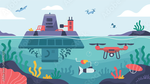 Underwater scene with submarine drone and scuba diver exploring ocean floor des