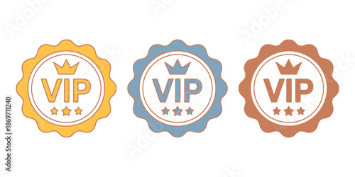 Set of gold, silver and bronze VIP badges with crown and stars isolated on transparent background