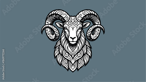 Detailed illustration of a rams head with intricate patterns and designs.