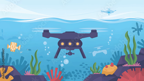 Underwater Drone Exploring Ocean Floor with Fish and Coral Reef seaweed