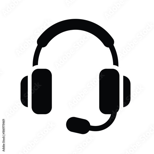 Vector illustration icon black silhouette of a headset with microphone on white background for customer service or gaming concepts