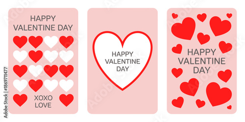 Collection of pink Valentine's Day cards with red and white hearts isolated on transparent background