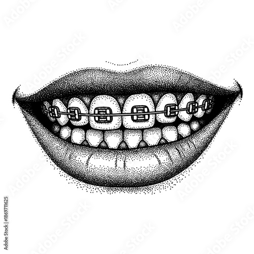 smiling mouth with dental braces on teeth in retro halftone stipple effect style