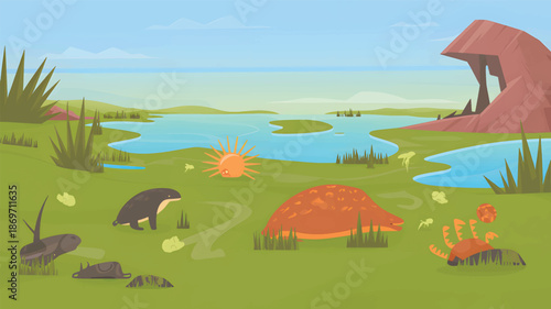 Prehistoric landscape with dinosaurs and river green desig