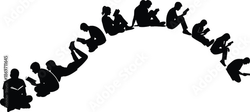 Silhouette Collection of People and Students Sitting and Lying Down Reading Books Arranged in a Creative Arch for Educational Design