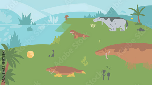 Dinosaurs and animals in prehistoric landscape green desig