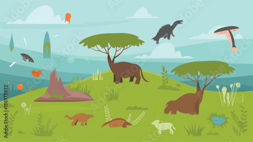 Prehistoric landscape with dinosaurs and trees on green hill desig