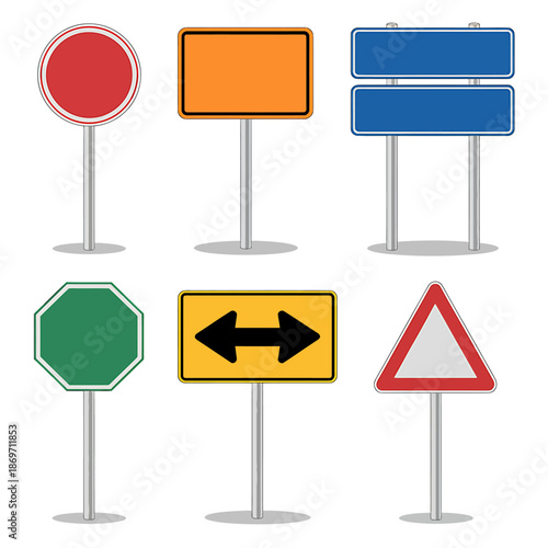 Collection of diverse blank traffic road signs including warning, regulatory, and informational templates