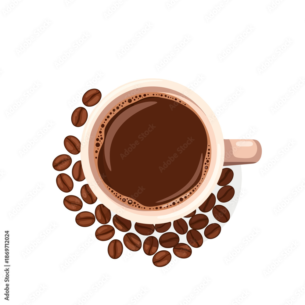 Obraz premium Top view of a coffee cup with roasted beans on white background, flat design illustration