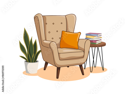 A cozy reading nook with a comfortable armchair, books, and a refreshing snake plant