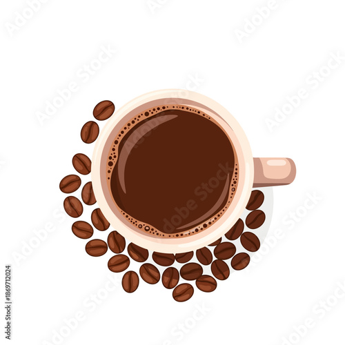 Top view of a coffee cup with roasted beans on white background, flat design illustration