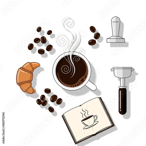 Flat lay of coffee cup, croissant, beans, and barista tools on white background