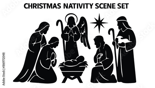 A Christmas nativity scene set with silhouettes of Mary, Joseph, Jesus, and the Three Wise Men