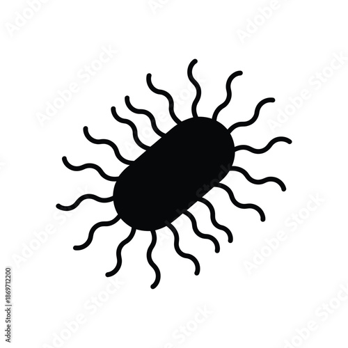 Simple black and white illustration of a bacterium with flagella displayed