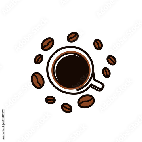 Top view of coffee cup with scattered roasted coffee beans, isolated on white background.