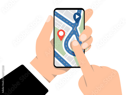 Navigating the city: hands holding a smartphone with a gps map showing a route