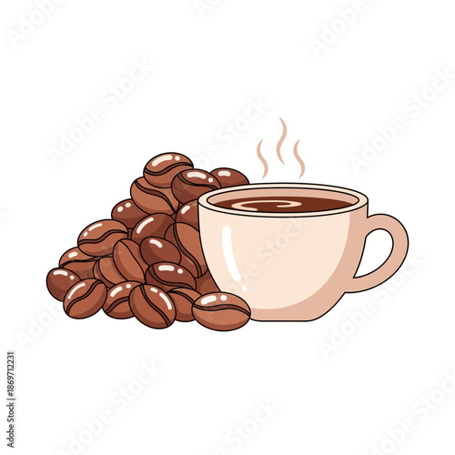 Hot steaming coffee cup next to pile of roasted coffee beans, isolated on white background.