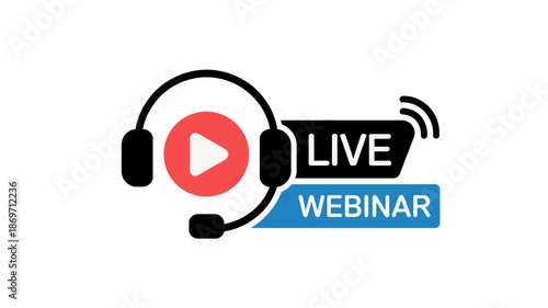 Live webinar icon with headset and play button symbol isolated on transparent background