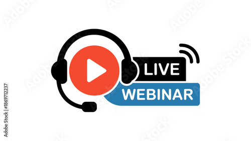 Online live webinar emblem with microphone headset icon isolated on transparent background