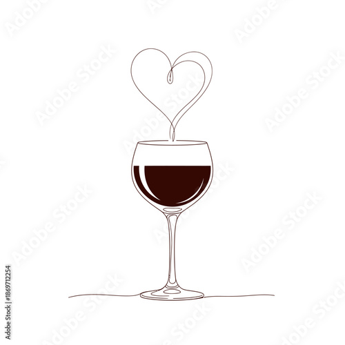 Red wine glass with heart shape steam, romantic dinner, celebration, love concept, minimalist line art