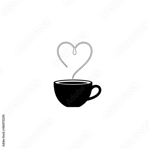 Black coffee cup with heart-shaped steam on white background, simple vector illustration