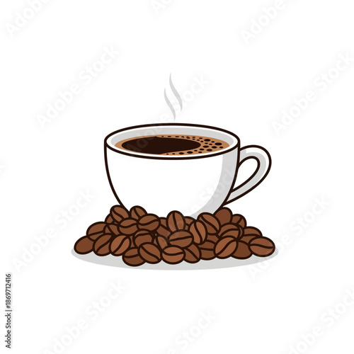 Hot Coffee Cup with Steam and Roasted Coffee Beans