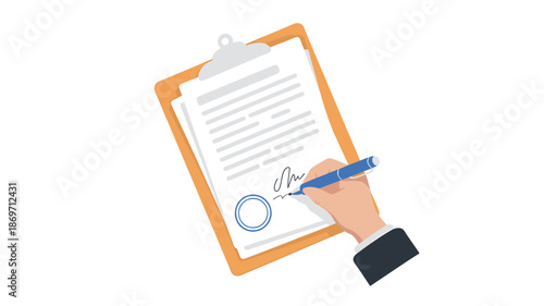 Hand signing contract document on clipboard isolated on transparent background