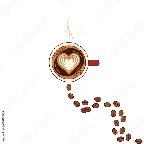 Top view of a coffee cup with latte art heart and scattered coffee beans on white background