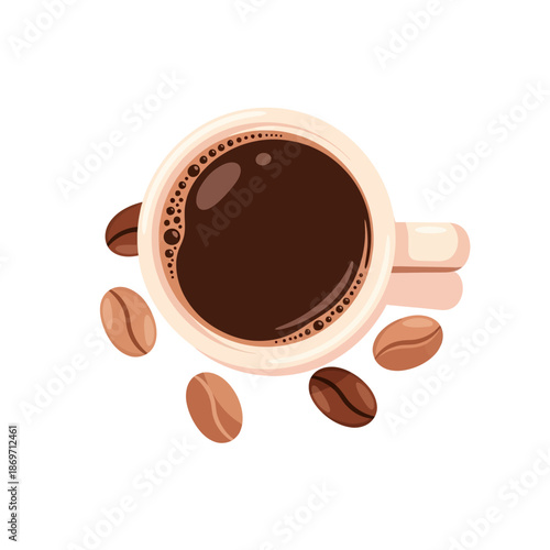 Top view of a white coffee cup filled with dark espresso and scattered roasted coffee beans on a white background.