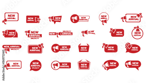 A collection of red new arrival badges and icons on a white background
