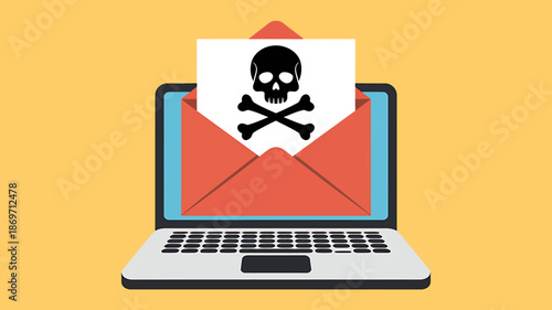 Laptop with malicious email showing skull and crossbones icon isolated on transparent background