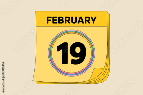 Yellow daily calendar page for February 19th isolated on transparent background