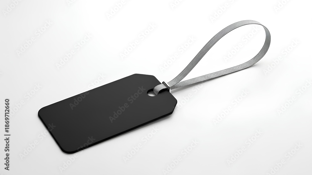 Fototapeta premium Blank black tag with gray ribbon on white background