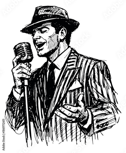 Hand drawn line art illustration of a male singer depicting singing into a vintage microphone for a musical performance