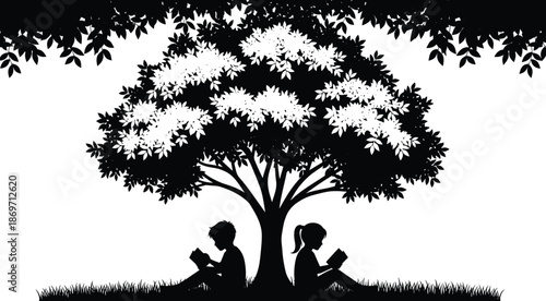 Silhouette of a Boy and Girl Sitting Under a Large Tree Reading Books in a Peaceful Park or Outdoor Setting