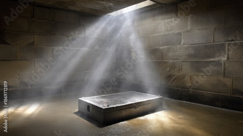 Sunlight streams into a dark basement, illuminating a simple metal box